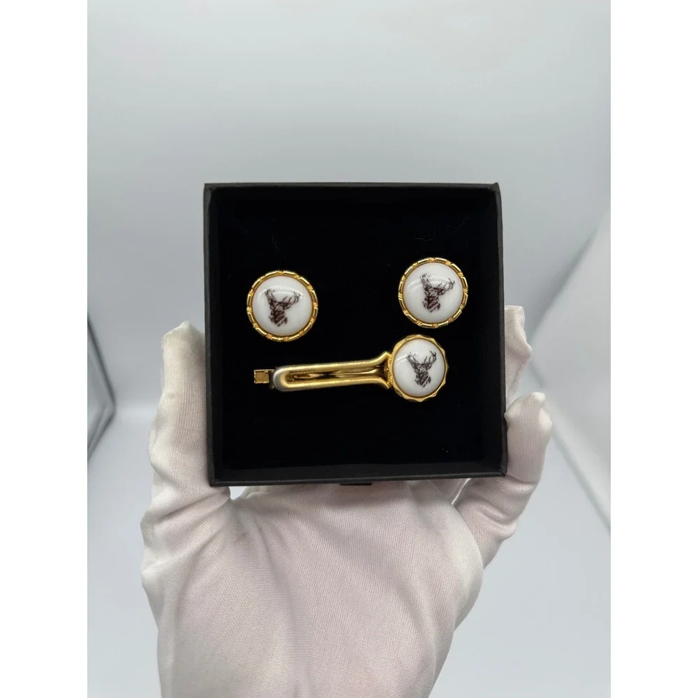 Vintage stag deer cufflinks for hunters Mens Gold‎ Tone Tie Clip Set Japan